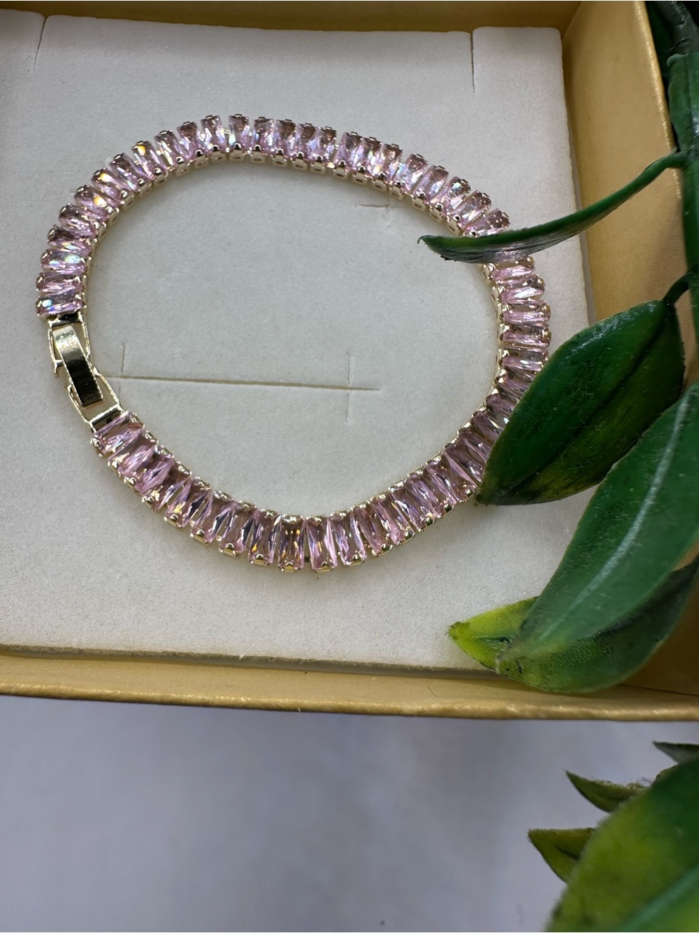 Gold Bracelet with Pink Stones - Elegant Women's Tennis Bracelet